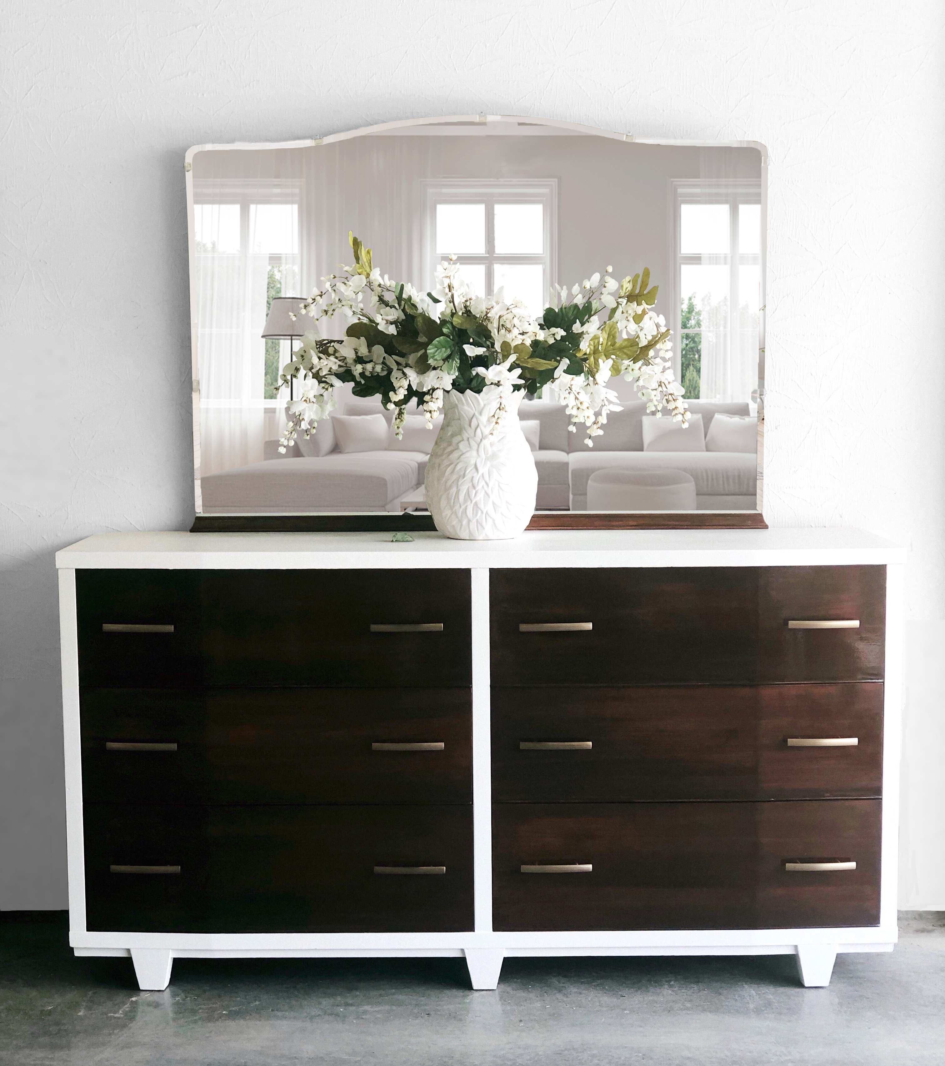 White Mid Century Dresser with Stained Drawer Fronts