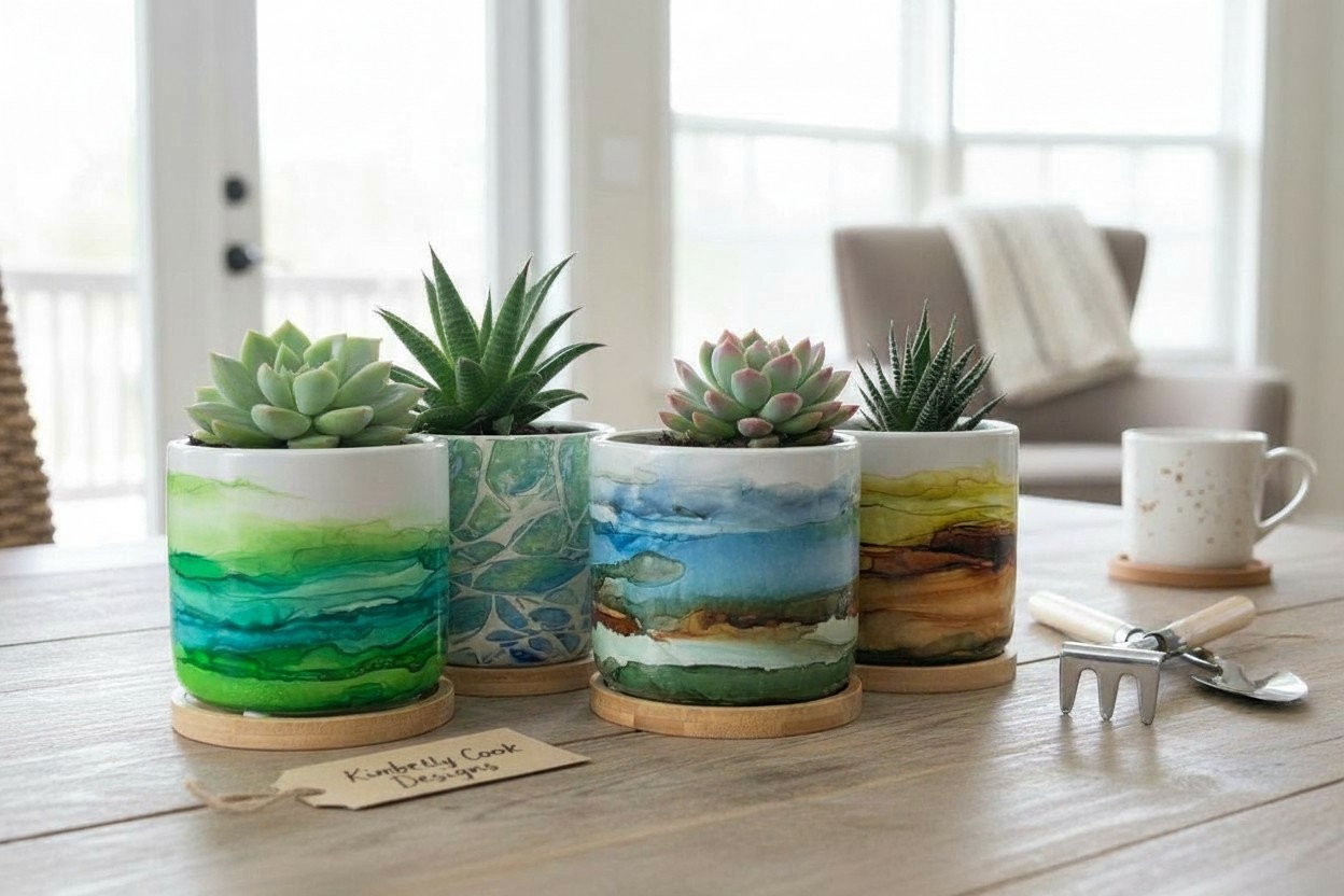 Four ceramic planters hand painted with Alcohol Ink