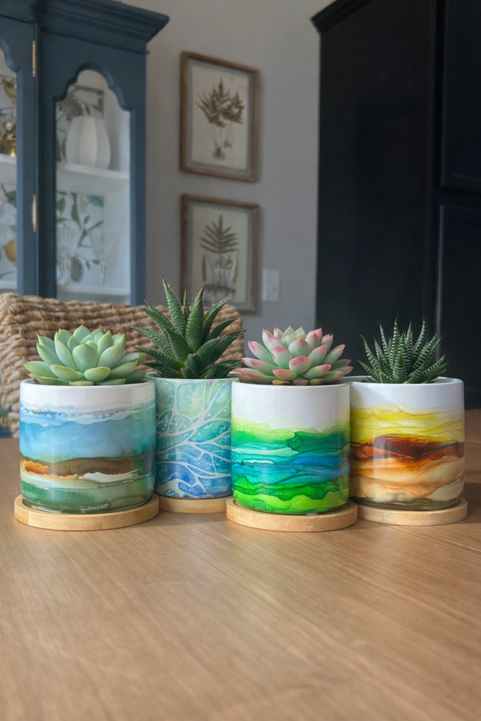 Four Ceramic Planters painted with Alcohol Ink. One is Blue, Green and Rust, another is turquoise and lime green, another is Bright Green and Turquoise and last is brown, rust and green.